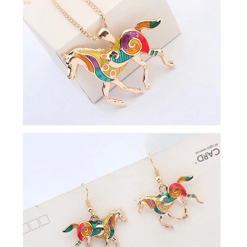 YINLI Charms Enamel Rainbow Horse Pendant Necklace Earrings Jewelry Sets Gold Plated (Gold) - Image 2